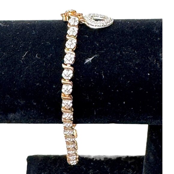 Vintage Sterling Silver Vermeil and Diamond Chip Tennis Bracelet Heart Charm 7" - Picture 4 of 8